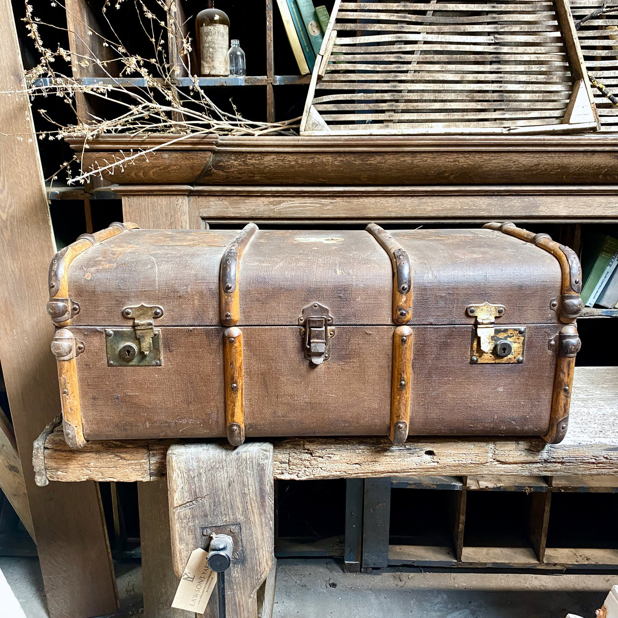 Large Vintage Wooden Framed Steamer Trunk