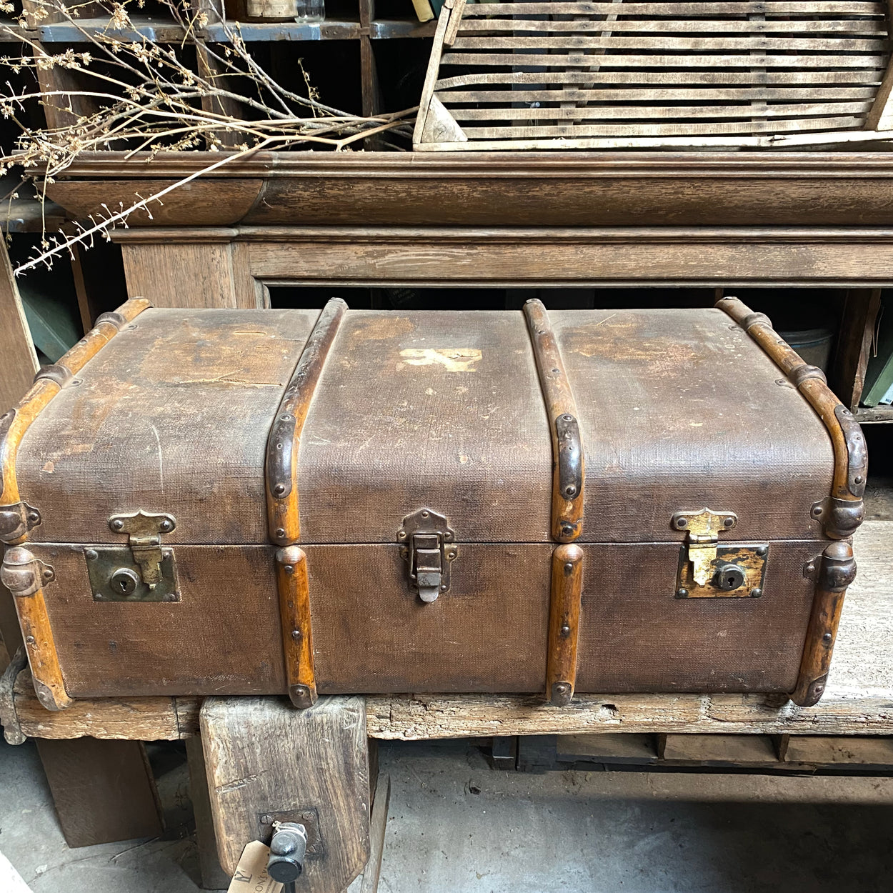 Large Vintage Wooden Framed Steamer Trunk