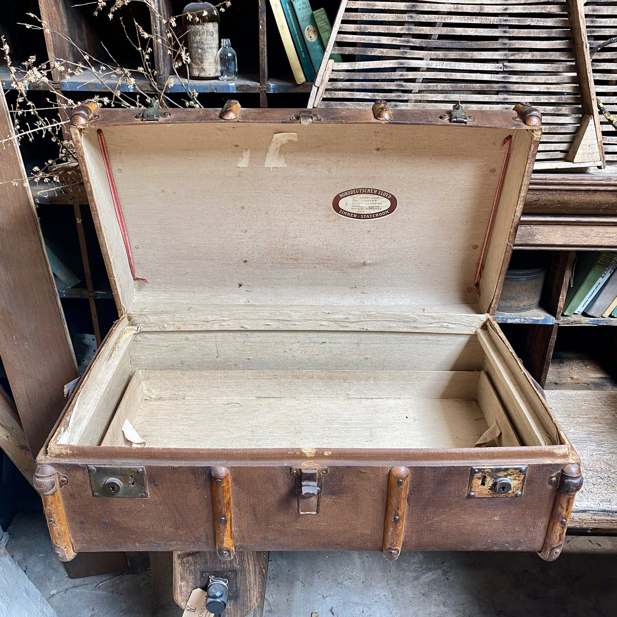 Large Vintage Wooden Framed Steamer Trunk