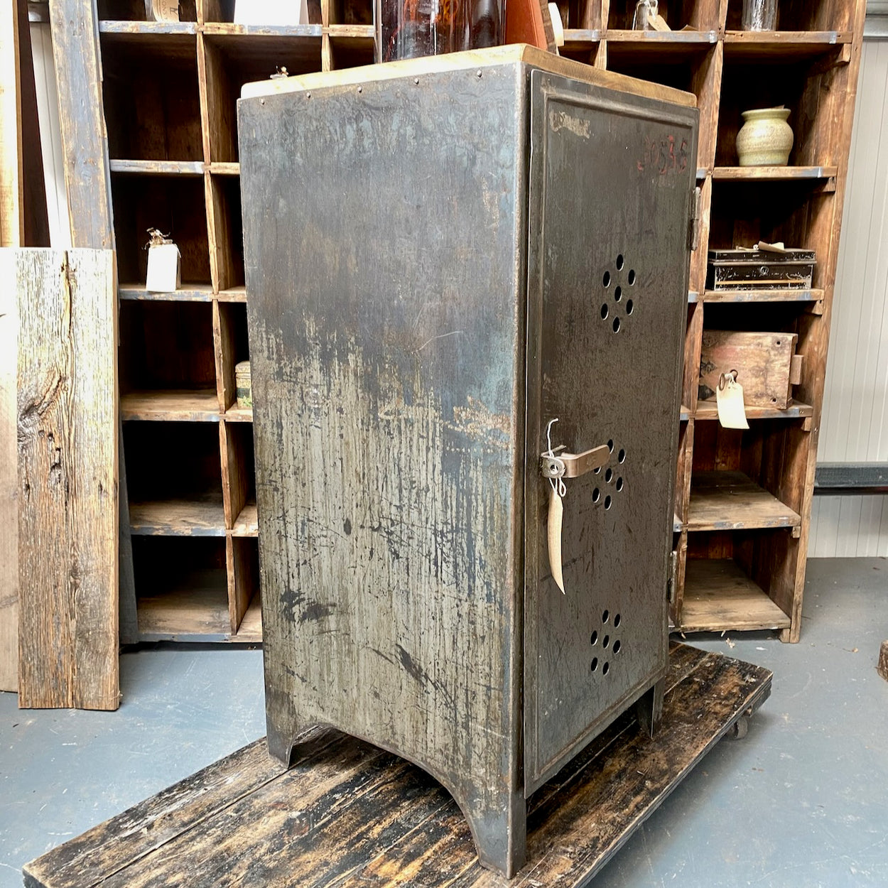 Industrial Metal Cupboard With Oak Top
