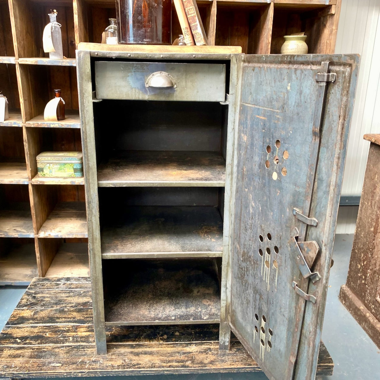 Industrial Metal Cupboard With Oak Top