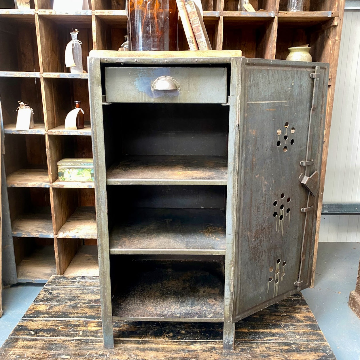 Industrial Metal Cupboard With Oak Top