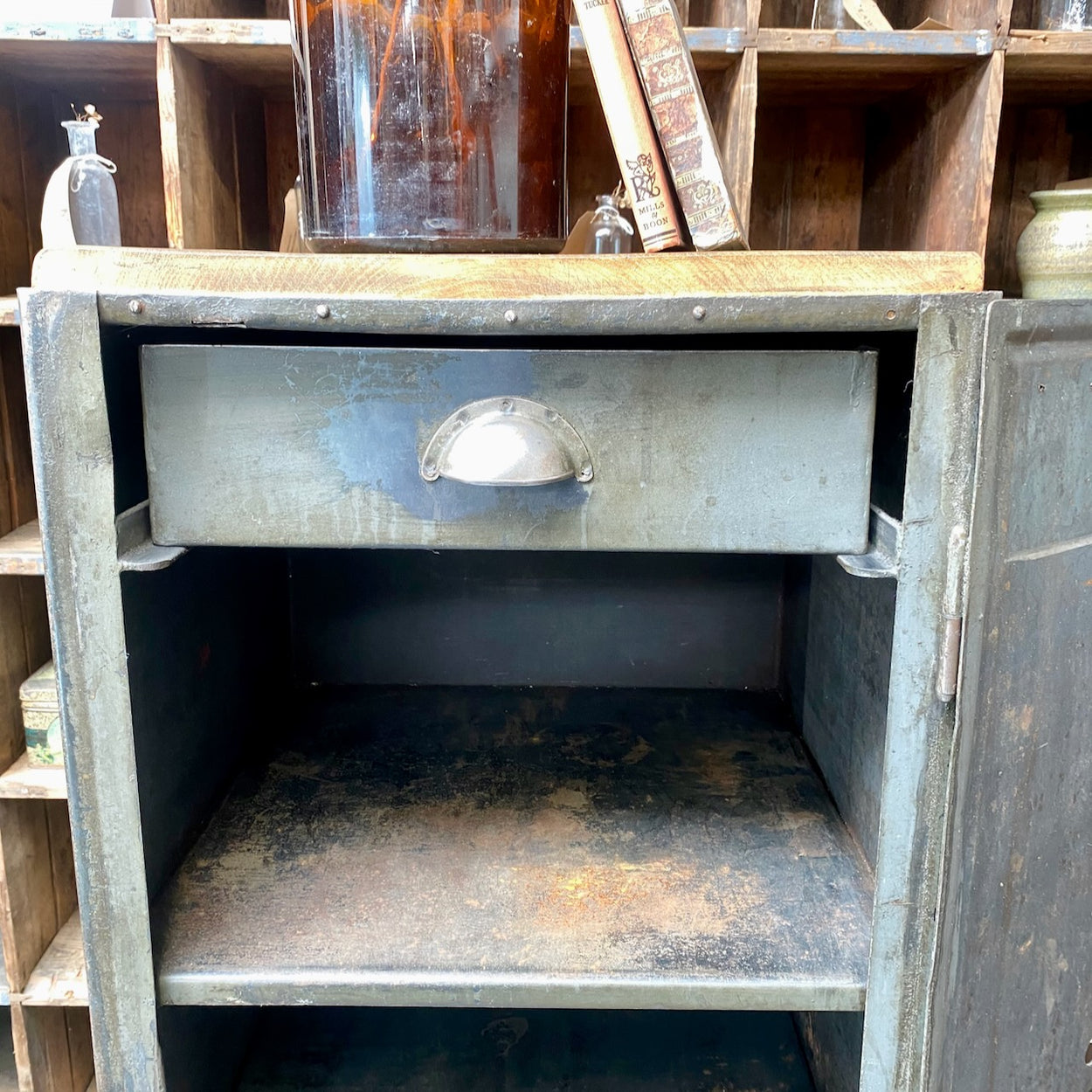 Industrial Metal Cupboard With Oak Top