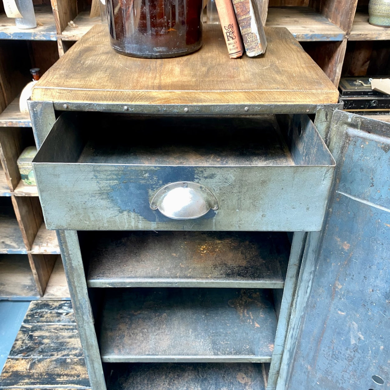 Industrial Metal Cupboard With Oak Top