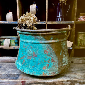 Antique Copper Pail Bucket With Verdigis Patina