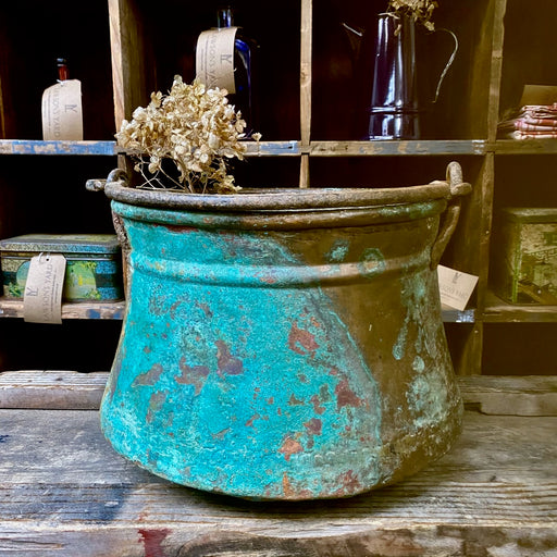 Antique Copper Pail Bucket With Verdigis Patina