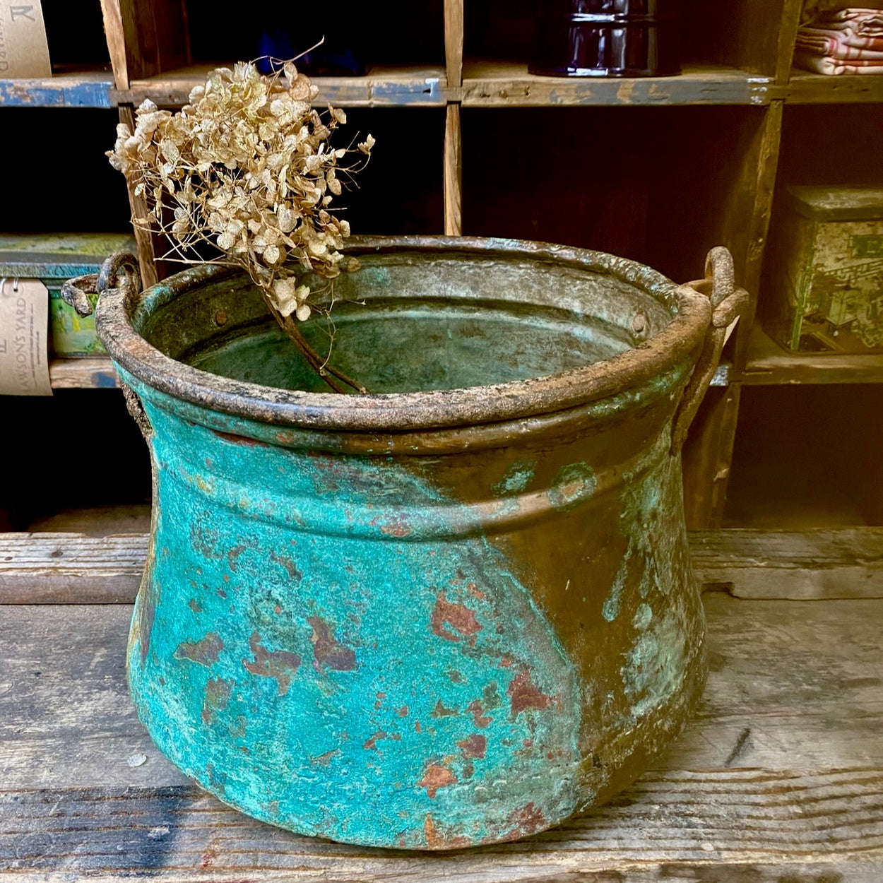 Antique Copper Pail Bucket With Verdigis Patina