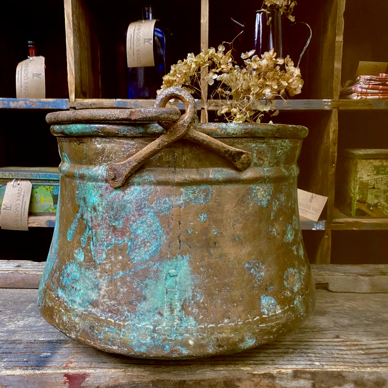 Antique Copper Pail Bucket With Verdigis Patina