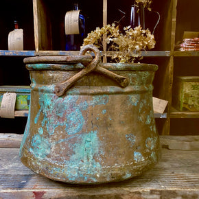 Antique Copper Pail Bucket With Verdigis Patina