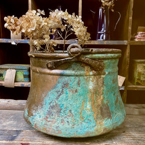 Antique Copper Pail Bucket With Verdigis Patina