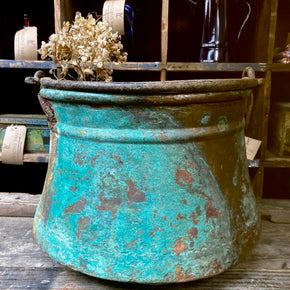 Antique Copper Pail Bucket With Verdigis Patina