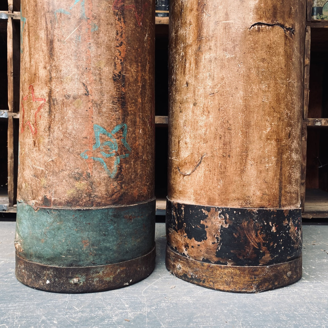 Pair Of Vintage Leather Shell Containers With Studded Seams
