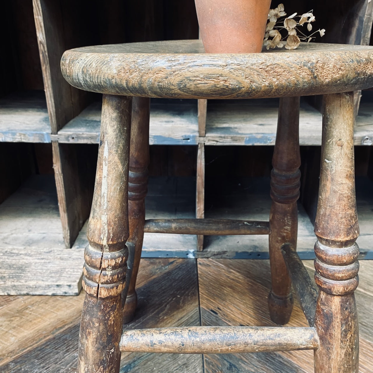 Antique Elm - Topped Wooden Stool