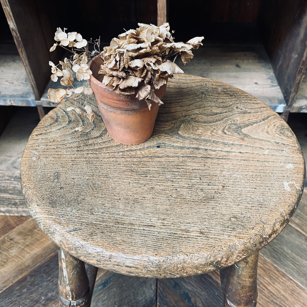 Antique Elm - Topped Wooden Stool