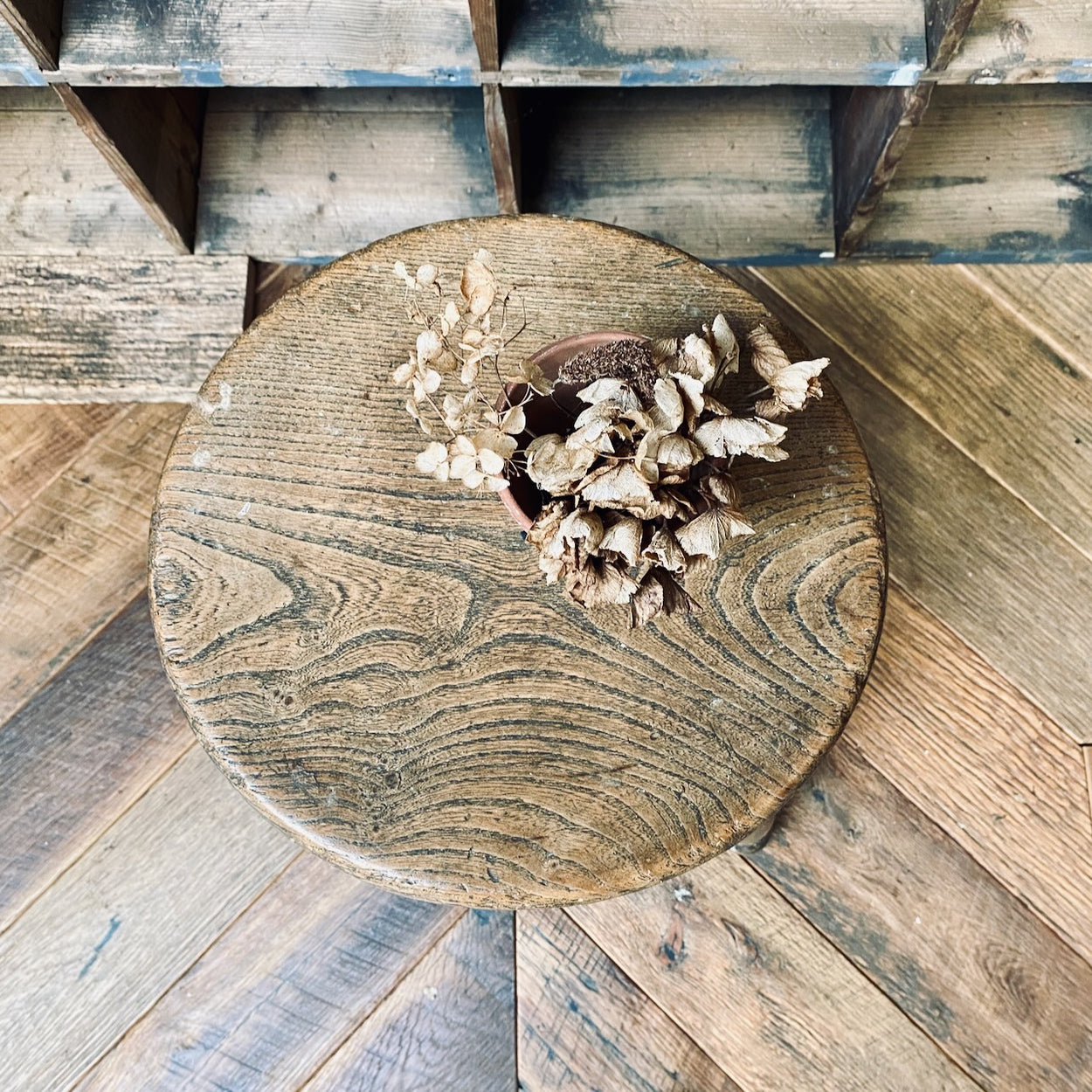 Antique Elm - Topped Wooden Stool
